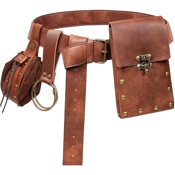 Renaissance Medieval Belt Pouch 2-Pocket Brown Waist Bag Festival Costume